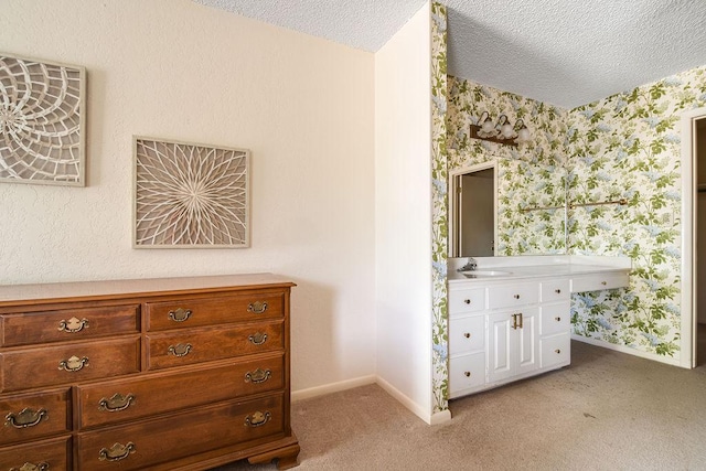 428 Summit Cir, Fredericksburg, TX 78624 - detailed view of wallpapered walls, a textured ceiling, baseboards, a sink, and carpet flooring