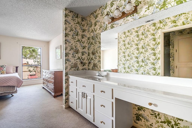 428 Summit Cir, Fredericksburg, TX 78624 - bathroom featuring wallpapered walls, a textured ceiling, and vanity