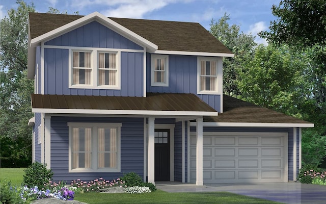 8601 Endale Arch Dr, Austin, TX 78744 - view of front of home featuring a garage, concrete driveway, board and batten siding, metal roof, and a porch