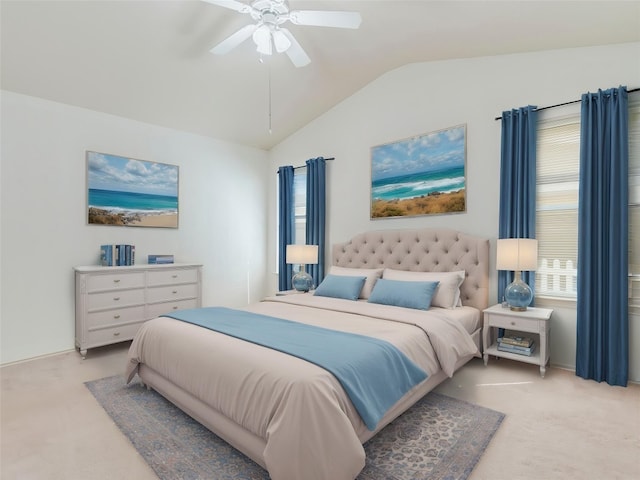 581 Sampson, Kyle, TX 78640 - bedroom with vaulted ceiling, light colored carpet, and a ceiling fan