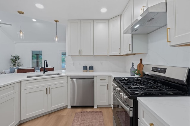 1607 Forest St, Georgetown, TX 78626 - kitchen featuring appliances with stainless steel finishes, a sink, range hood, light wood-type flooring, and white cabinetry