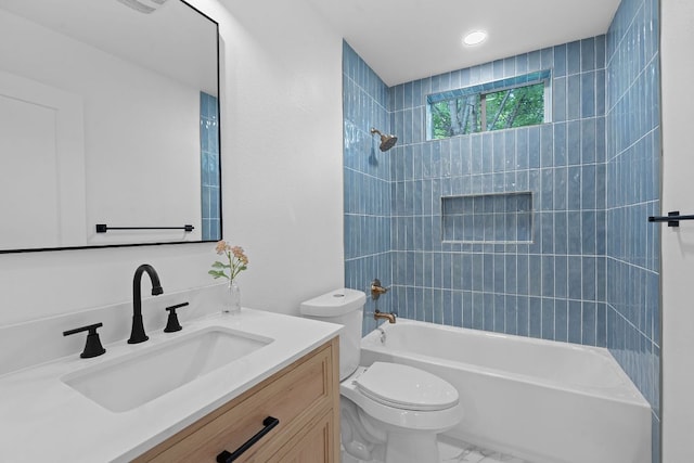 1607 Forest St, Georgetown, TX 78626 - full bath with vanity, toilet, shower / bathtub combination, marble finish floors, and recessed lighting