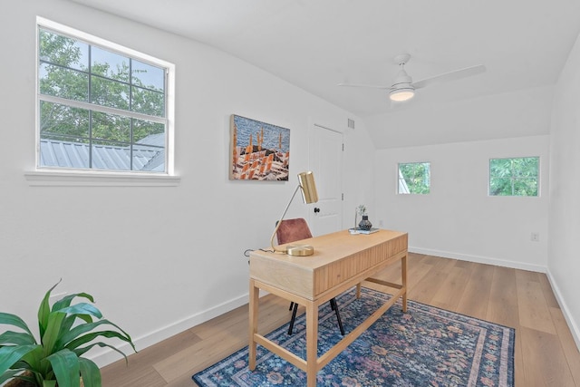 1607 Forest St, Georgetown, TX 78626 - office with wood finished floors, ceiling fan, baseboards, and vaulted ceiling
