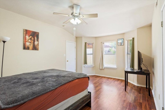 3005 Sugar Berry Cv, Round Rock, TX 78664 - bedroom with dark wood finished floors, baseboards, a ceiling fan, and lofted ceiling
