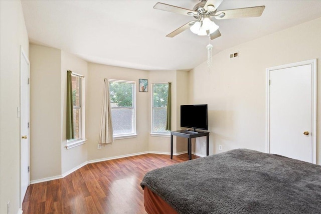 3005 Sugar Berry Cv, Round Rock, TX 78664 - bedroom with wood finished floors, baseboards, ceiling fan, and vaulted ceiling