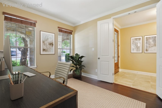 12109 Bryony Dr, Austin, TX 78739 - office area featuring wood finished floors, ornamental molding, and baseboards