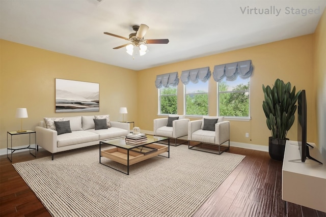 12109 Bryony Dr, Austin, TX 78739 - living room featuring baseboards, dark wood-type flooring, and ceiling fan
