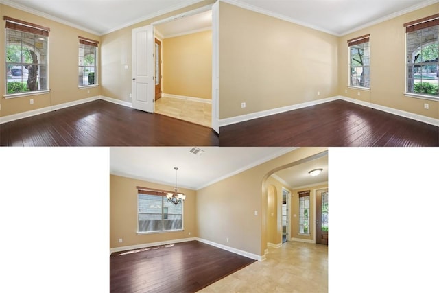 12109 Bryony Dr, Austin, TX 78739 - spare room featuring a chandelier, wood-type flooring, arched walkways, baseboards, and ornamental molding