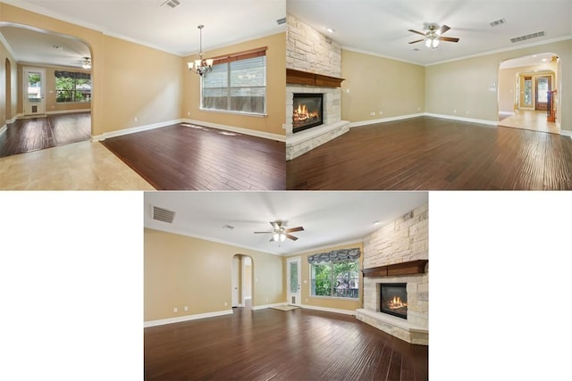 12109 Bryony Dr, Austin, TX 78739 - unfurnished living room featuring a stone fireplace, a ceiling fan, ornamental molding, and wood-type flooring