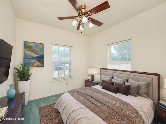 407 Bent Wood Dr, Leander, TX 78641 - bedroom featuring carpet flooring, multiple windows, and a ceiling fan