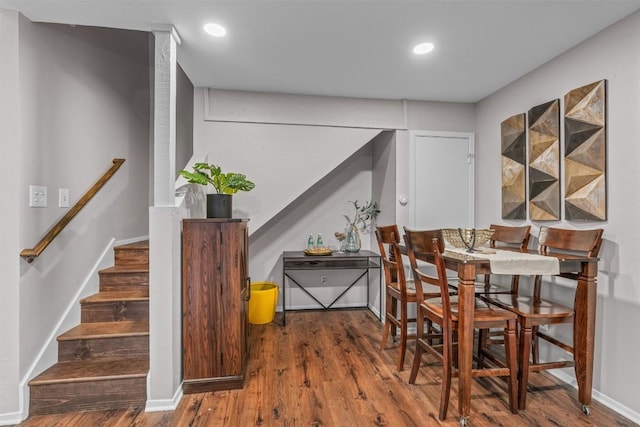 5608 Cougar Dr Unit 226, Austin, TX 78745 - dining room with wood finished floors, stairs, recessed lighting, and baseboards
