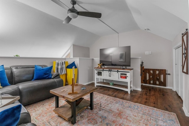 5608 Cougar Dr Unit 226, Austin, TX 78745 - living area with ceiling fan, wood finished floors, lofted ceiling, and baseboards