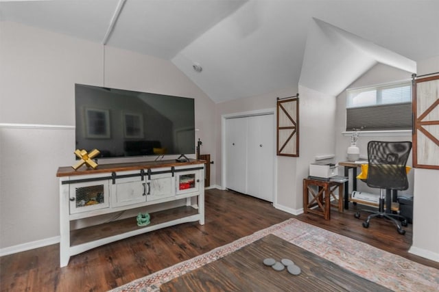 5608 Cougar Dr Unit 226, Austin, TX 78745 - home office with lofted ceiling, wood finished floors, and baseboards