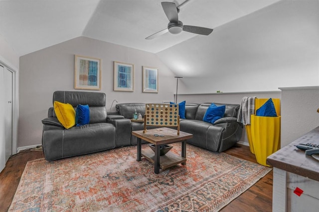 5608 Cougar Dr Unit 226, Austin, TX 78745 - living area featuring lofted ceiling, wood finished floors, and a ceiling fan