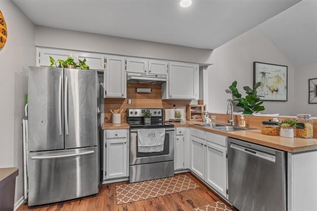 5608 Cougar Dr Unit 226, Austin, TX 78745 - kitchen with stainless steel appliances, a sink, a peninsula, dark wood finished floors, and under cabinet range hood