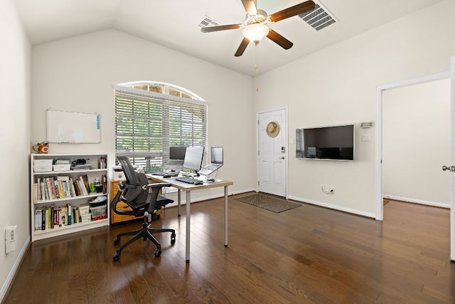 5012 Yucca Bloom Dr, Georgetown, TX 78626 - office featuring ceiling fan, wood finished floors, vaulted ceiling, and baseboards
