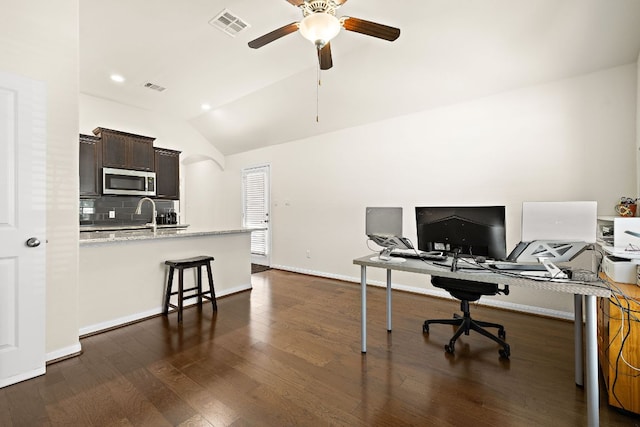 5012 Yucca Bloom Dr, Georgetown, TX 78626 - office space featuring lofted ceiling, ceiling fan, dark wood-type flooring, baseboards, and a sink