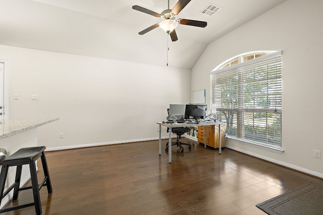 5012 Yucca Bloom Dr, Georgetown, TX 78626 - office with a ceiling fan, lofted ceiling, dark wood-type flooring, and baseboards