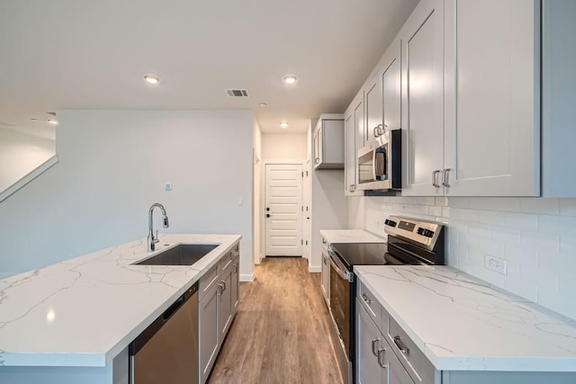 2600 Gattis School Rd Unit 1102, Round Rock, TX 78664 - kitchen with stainless steel appliances, a sink, decorative backsplash, light wood-type flooring, and light stone counters