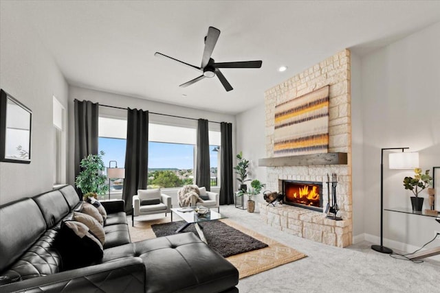 2037 Portobello Rd, Leander, TX 78641 - carpeted living area with a fireplace, ceiling fan, and recessed lighting