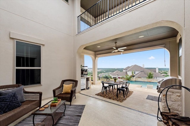 2037 Portobello Rd, Leander, TX 78641 - view of patio / terrace featuring an outdoor hangout area, an outdoor pool, a balcony, outdoor dining area, and a ceiling fan