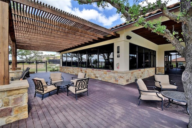 2037 Portobello Rd, Leander, TX 78641 - wooden deck featuring a pergola and an outdoor living space