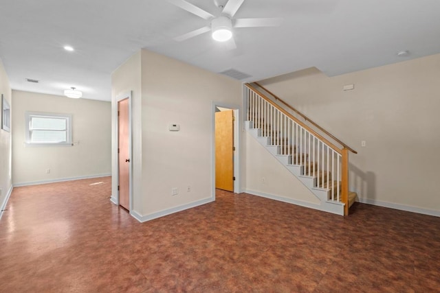 3406 Duval St, Austin, TX 78705 - unfurnished living room featuring stairs, ceiling fan, and baseboards