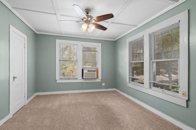 604 Harris Ave, Austin, TX 78705 - carpeted spare room featuring cooling unit, a ceiling fan, baseboards, crown molding, and coffered ceiling