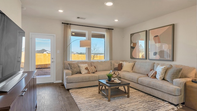 166 Caddo Bnd, Kyle, TX 78640 - living room featuring dark wood-style flooring and recessed lighting