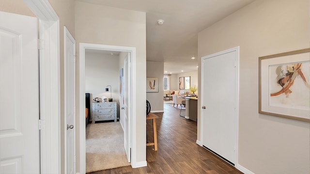 166 Caddo Bnd, Kyle, TX 78640 - hallway with dark wood-style floors and baseboards