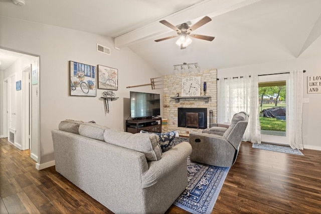 3704 Del Rio Ct, Georgetown, TX 78628 - living room with dark wood-style flooring, a fireplace, and ceiling fan