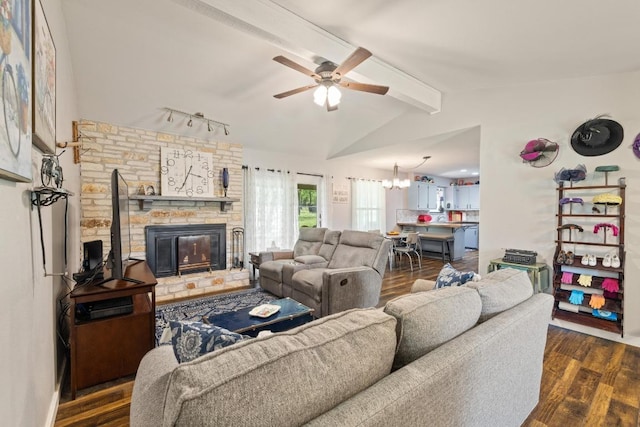 3704 Del Rio Ct, Georgetown, TX 78628 - living area featuring wood finished floors, ceiling fan, a fireplace, and a chandelier