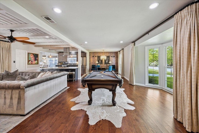 5808 Marilyn Dr, Austin, TX 78757 - recreation room with billiards table, dark wood-style flooring, baseboards, ceiling fan, and beam ceiling