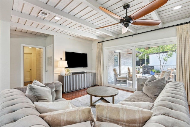 5808 Marilyn Dr, Austin, TX 78757 - living area featuring a ceiling fan, wood finished floors, and wood ceiling with exposed beams