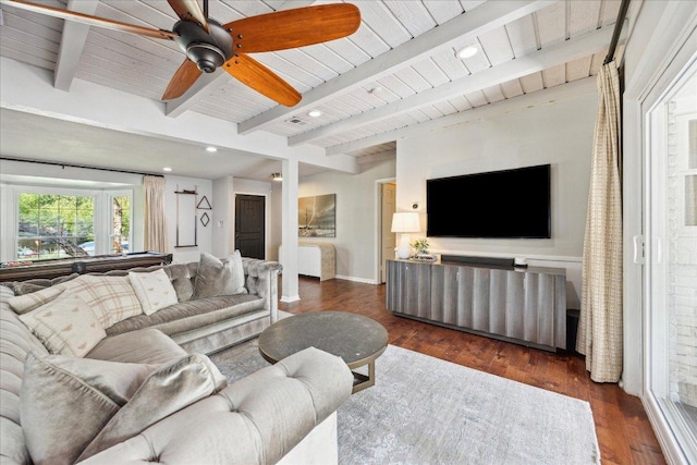 5808 Marilyn Dr, Austin, TX 78757 - living room featuring beamed ceiling, dark wood-style floors, baseboards, billiards, and recessed lighting
