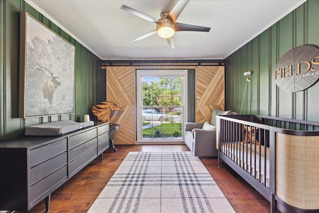 5808 Marilyn Dr, Austin, TX 78757 - bedroom featuring crown molding, dark wood-style flooring, and ceiling fan