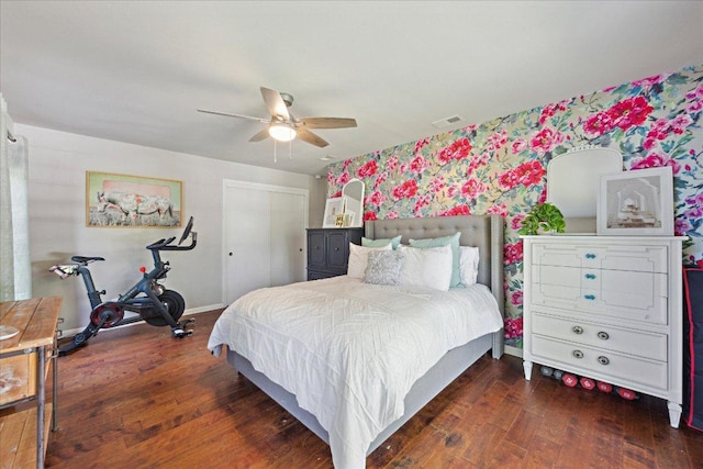 5808 Marilyn Dr, Austin, TX 78757 - bedroom featuring wallpapered walls, wood finished floors, a closet, and ceiling fan
