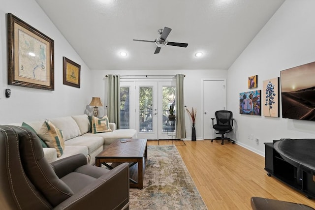 3601 Menchaca Rd Unit 215, Austin, TX 78704 - living room with vaulted ceiling, a ceiling fan, french doors, light wood finished floors, and recessed lighting