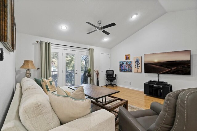 3601 Menchaca Rd Unit 215, Austin, TX 78704 - living area with vaulted ceiling, ceiling fan, light wood-type flooring, recessed lighting, and french doors