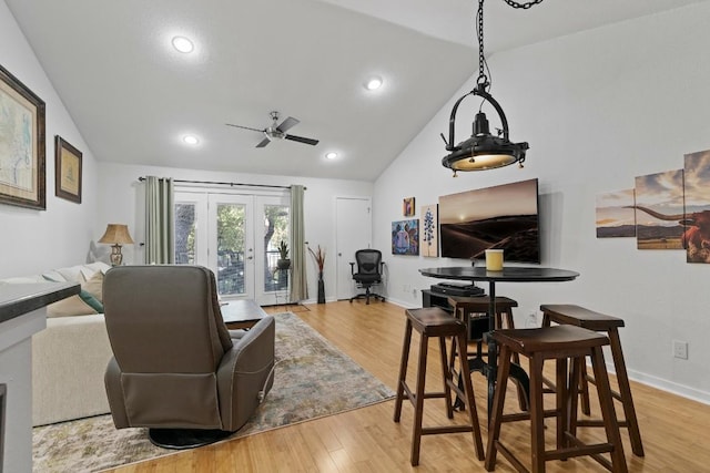 3601 Menchaca Rd Unit 215, Austin, TX 78704 - living area with a ceiling fan, light wood-style floors, baseboards, recessed lighting, and high vaulted ceiling