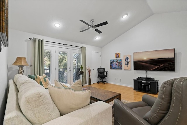 3601 Menchaca Rd Unit 215, Austin, TX 78704 - living room featuring vaulted ceiling, wood finished floors, ceiling fan, recessed lighting, and baseboards