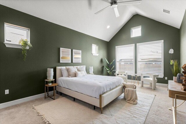8103 Chrysler Bnd, Austin, TX 78744 - bedroom with carpet flooring, ceiling fan, high vaulted ceiling, and baseboards