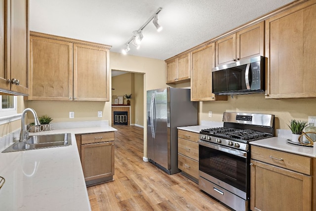 11611 Prairie Hen Ln, Austin, TX 78758 - kitchen with appliances with stainless steel finishes, a sink, light countertops, light wood-style floors, and a glass covered fireplace