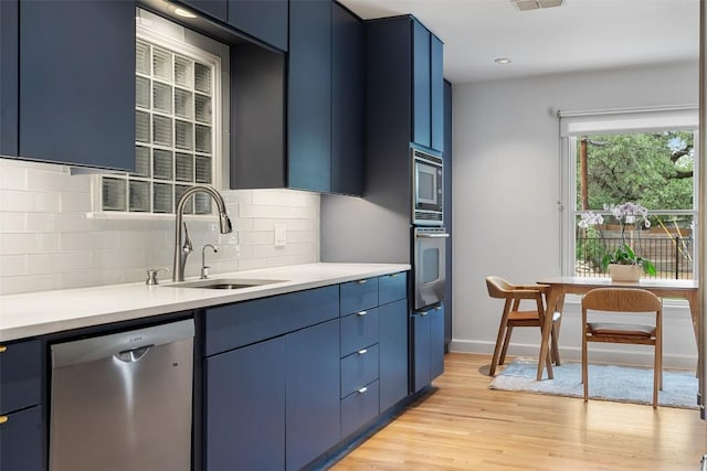 2103 W 10th St, Austin, TX 78703 - kitchen with stainless steel appliances, blue cabinets, a sink, and light wood-type flooring