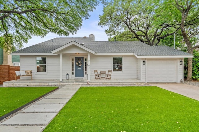 2103 W 10th St, Austin, TX 78703 - view of front of house featuring an attached garage, driveway, a porch, a chimney, and a shingled roof
