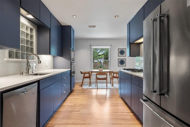 2103 W 10th St, Austin, TX 78703 - kitchen featuring stainless steel appliances, a sink, blue cabinets, light wood-style flooring, and decorative backsplash