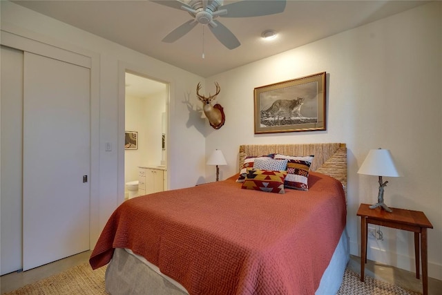 281 Kendall Jackson, Comfort, TX 78013 - bedroom featuring ensuite bathroom, a ceiling fan, and carpet floors