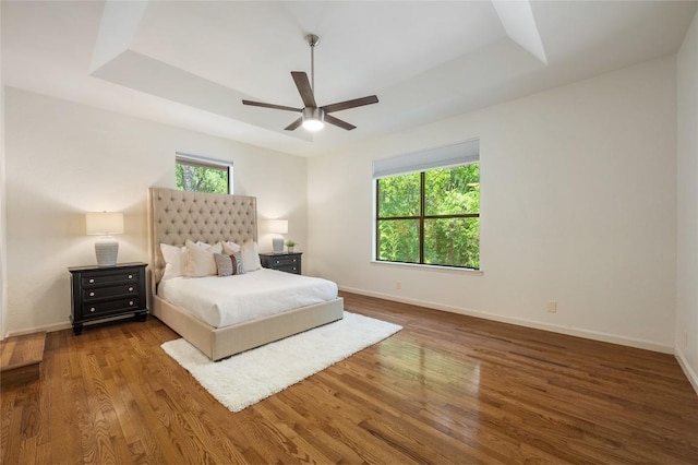 9803 Talleyran Dr, Austin, TX 78750 - bedroom featuring baseboards, wood finished floors, and a raised ceiling
