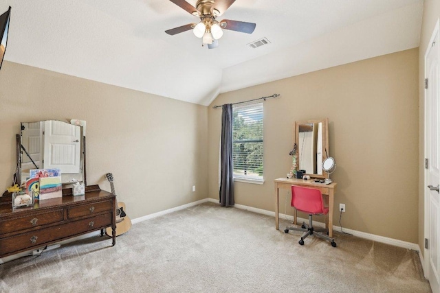 1312 Ravensbrook Bnd, Cedar Park, TX 78613 - home office featuring lofted ceiling, carpet flooring, ceiling fan, and baseboards