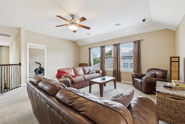 1312 Ravensbrook Bnd, Cedar Park, TX 78613 - living area featuring light carpet, ceiling fan, vaulted ceiling, and baseboards